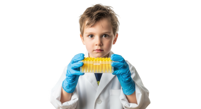 Young boy in a lab coat and blue gloves holds a yellow object, isolated on transparent background