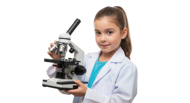 Young girl in a white lab coat holds a microscope, ready for scientific exploration isolated on transparent background - Powered by Adobe