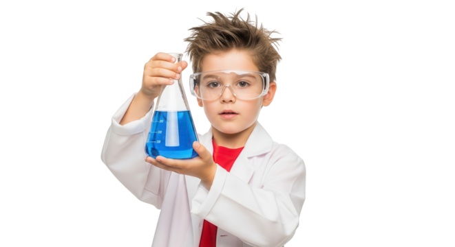 A young boy in a lab coat and goggles examines a flask with blue liquid, isolated on transparent background