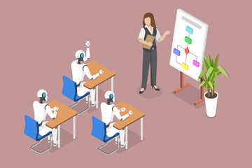 3D Isometric Flat Vector Illustration of Interactive Neural Network, Machine Learning Algorithms