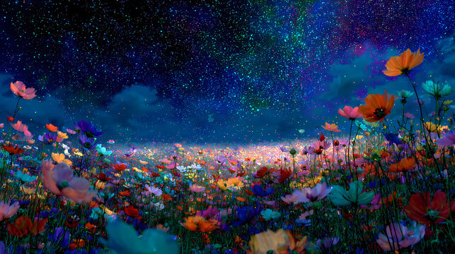 Vibrant flowers bloom under a starry night sky with a serene landscape view