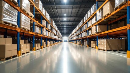 Wide aisle view within a large distribution warehouse facility filled with packaged goods on metal shelving, reflecting overhead lighting - Powered by Adobe