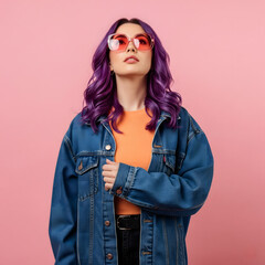 A fashionable woman with purple hair and pink sunglasses