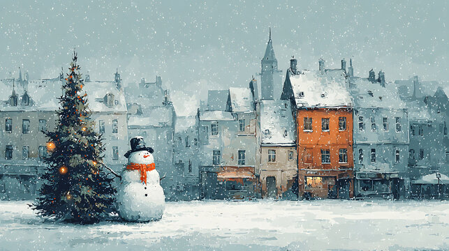 creative illustration of a snowman and a decorated fir tree in the background you can see a small town covered with white snow. christmas winter concept. Generative AI