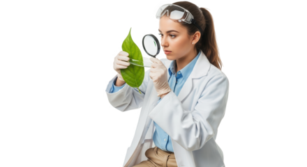 Female scientist examining a green leaf with a magnifying glass, isolated on transparent background