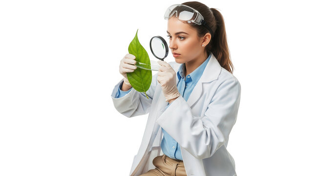 Female scientist examining a green leaf with a magnifying glass, isolated on transparent background