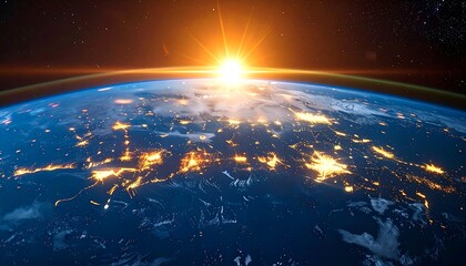A stunning view from space, showcasing Earth with illuminated city lights at the dark edge and a bright, rising sun