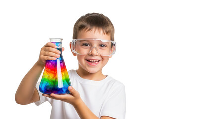 Smiling young boy wearing safety glasses holds up a colorful rainbow liquid in a science flask, isolated on transparent background
