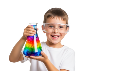 Smiling young boy wearing safety glasses holds up a colorful rainbow liquid in a science flask, isolated on transparent background