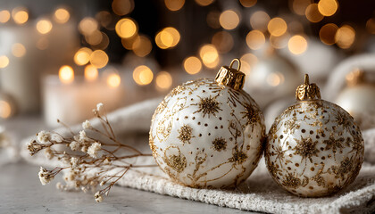 Gold christmas balls, white baubles with dry grass, festive table decoration of Xmas celebration, golden loving setting. Smooth light, some bokeh. Luxury romantic card for seasonal greetings.