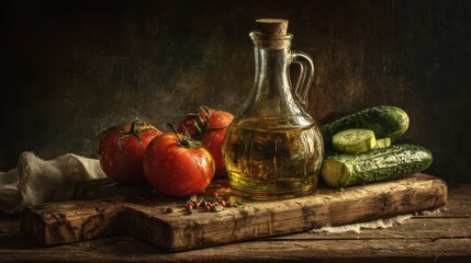 Rustic Still Life - Golden Olive Oil, Ripe Tomatoes, and Fresh Cucumbers on Wooden Board.