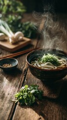 A Steaming Bowl of Japanese Noodle Soup in Moody, Rustic Light.