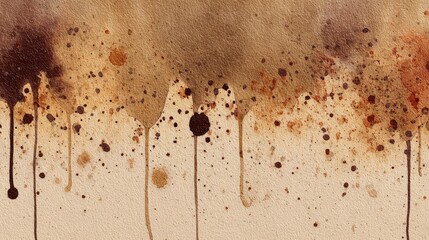 Abstract Earth-Toned Watercolor Drips and Splatters on Beige Background, Organic Grunge Art Texture.
