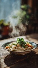 Appetizing Steaming Noodle Bowl with Fresh Greens on Rustic Wood Table, Warm Light.