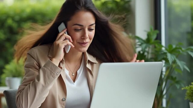Phone conversation during the work remotely from office. Freelancer lady with laptop in front of her speaking cheerfully on the smartphone. Garden backdrop. Vertical