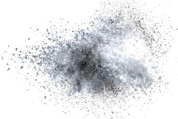 Abstract burst of dark and light particles creating a dynamic explosion effect on a white background, resembling dust or smoke.