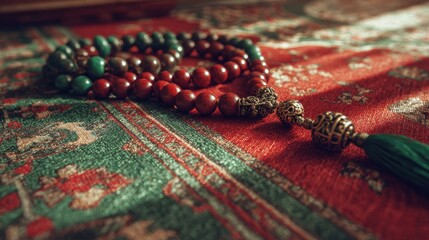 Prayer Beads on Ornate Fabric - Close-Up of Tasbih with Red, Green, and Gold Accents.