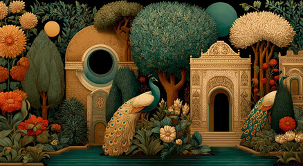 A serene and vibrant garden scene with lush greenery, colorful flowers, and intricately designed architecture viewed from a low angle.