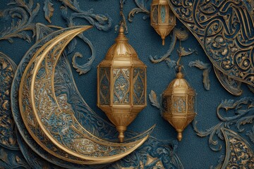 Ornate Golden Crescent and Islamic Lanterns on a Deep Blue Embossed Arabesque Wall.