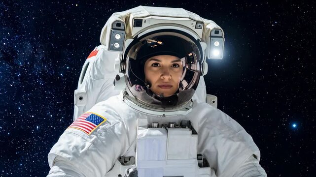 Woman astronaut wearing white spacesuit and helmet floats in dark starry outer space with an American flag patch on her shoulder