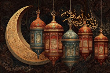 Ramadan Celebration - Intricate Lanterns and Crescent Moon, Richly Detailed Digital Artwork.