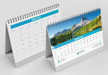 Desk Calendar Planner Layout with Blue Accents