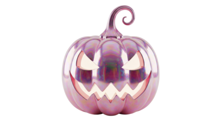 Pink pumpkin, Shiny pink pumpkin with glowing halloween face isolated on white background