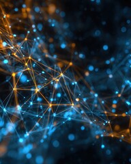 Luminous Blue and Orange Plexus Network with Glowing Nodes and Shallow Depth of Field.