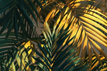 Golden Sunlight Filters Through Lush Palm Fronds, Casting Striped Shadows.
