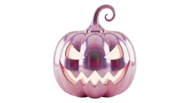 Pink pumpkin, Shiny pink pumpkin with glowing halloween face isolated on white background