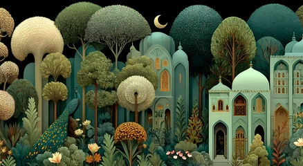 A serene moonlit landscape with fantastical architecture and lush vegetation in a whimsical, dreamlike setting viewed from a distance