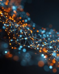 Abstract Digital Network - Glowing Blue and Orange Connected Dots on Dark Background.