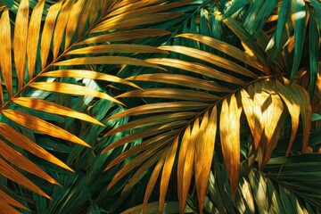 Golden Palm Fronds in Tropical Sunlight, Detailed Close-up.