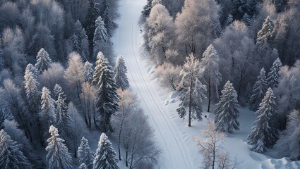 Aerial view of a Nordic ski trail winding through a snow-covered forest