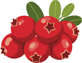 A digital illustration of a cluster of ripe red cranberries, complete with vibrant green leaves. Perfect for culinary, health, or seasonal designs.