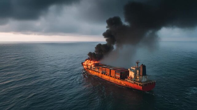 A cargo ship engulfed in flames at sea, with thick smoke rising against a moody sky, creating a dramatic and intense atmosphere