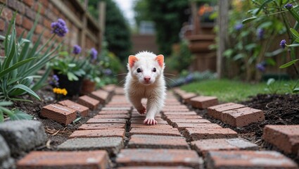 Albino ferret running along garden path lined with bricks