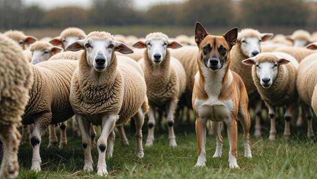 Akbash dog standing alert in field beside flock of sheep