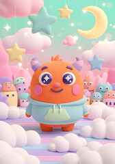 Naklejka premium Colorful cartoon illustration of a pink stuffed monster toy in a nursery with a nostalgic feel