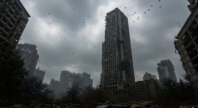 Desolate Cityscape with Ruined Skyscrapers Under an Ominous Sky