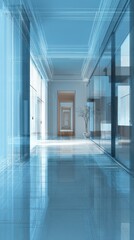 Vast Blue-Tinted Modern Hallway, Reflective Floor, Glass Walls, Leading Lines, Futuristic Architecture.