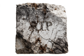 A broken and weathered fragment of a stone tombstone with the letters RIP carved into it, isolated on a white background.