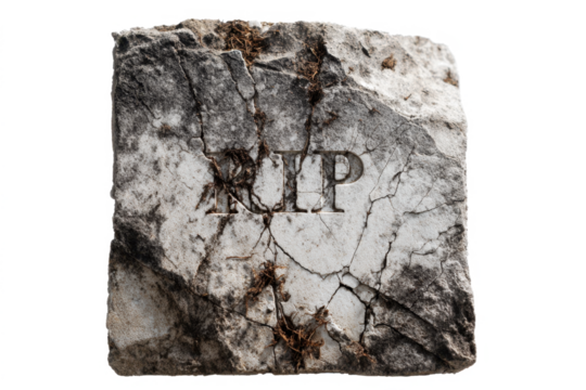 A broken and weathered fragment of a stone tombstone with the letters RIP carved into it, isolated on a white background.