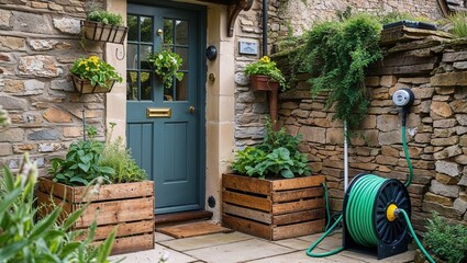 Backdoor garden with wooden crate planters and hose reel near village cottage wall