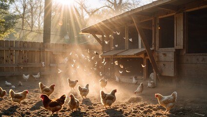 Backyard chicken coop with dust rising as birds scatter under breaking sun rays