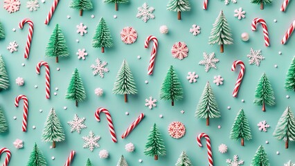 A vibrant and festive flat lay of miniature christmas trees, candy canes, and snowflakes arranged on a teal background, creating a cheerful holiday pattern