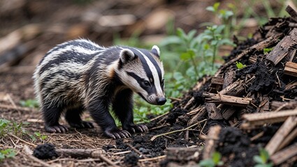 Badger cub sniffing near compost pile at edge of property