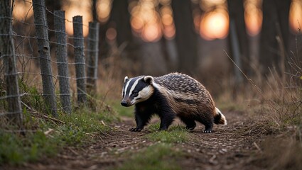 Badger walking slowly near wooded fenceline at dusk