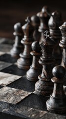 Dramatic Close-Up of Chess Pieces on Board, Low-Key Lighting, Strategic Game.