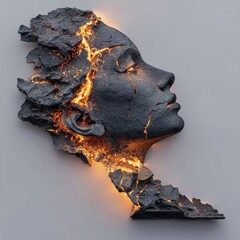 Fototapeta premium A striking sculptural portrait of a woman's head, composed of fractured dark grey stone, illuminated by glowing, fiery lines within the cracks.